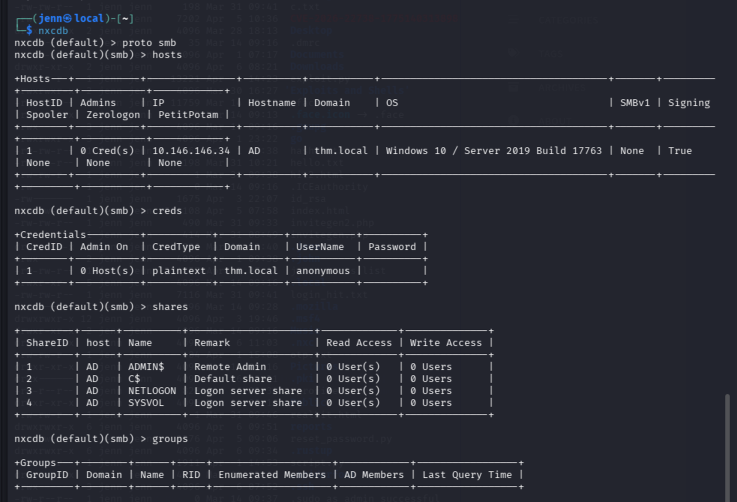 NetExec nxcdb shell — hosts, creds, groups queries